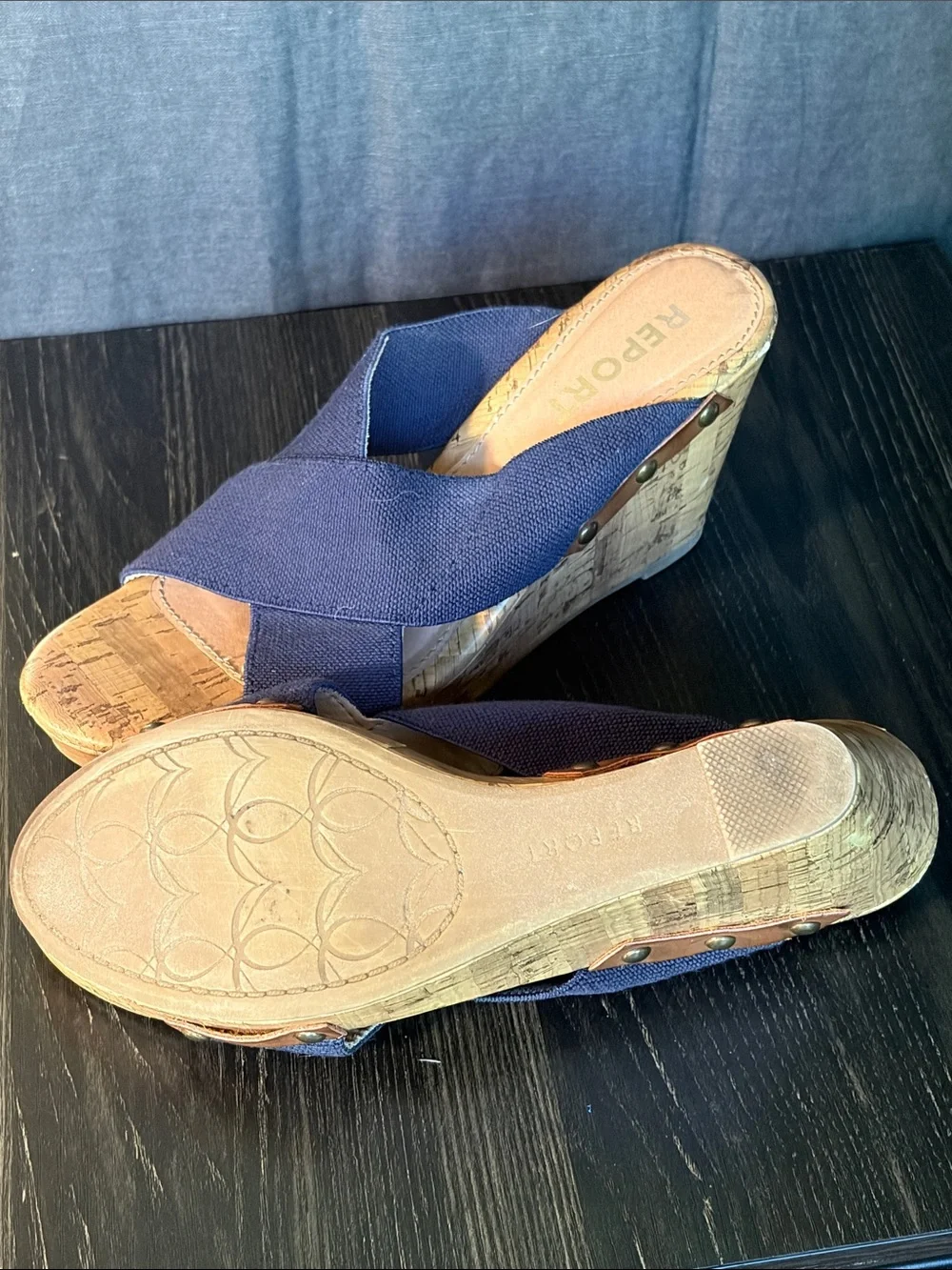 Report Navy Crisscross Cork Wedge Sandals
